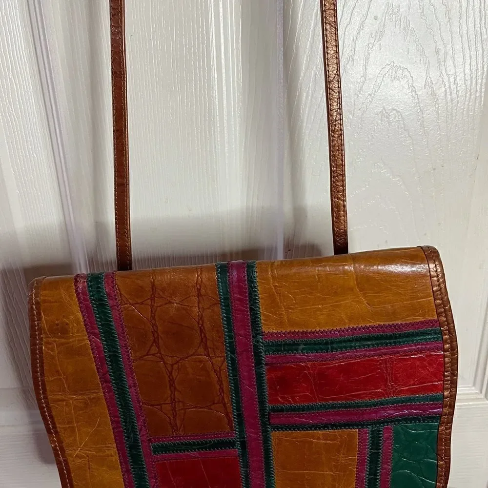 Carlos Falchi vintage leather croc embossed flap crossbody bag